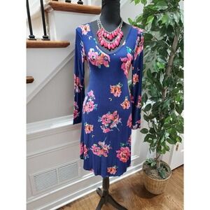 Dearcase Women's Blue Floral Rayon V-Neck Long Sleeve Knee Length Dress Size M